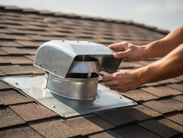Oxford Dryer Vent Cleaning certified technician safely cleaning a roof-mounted dryer vent in Oxford